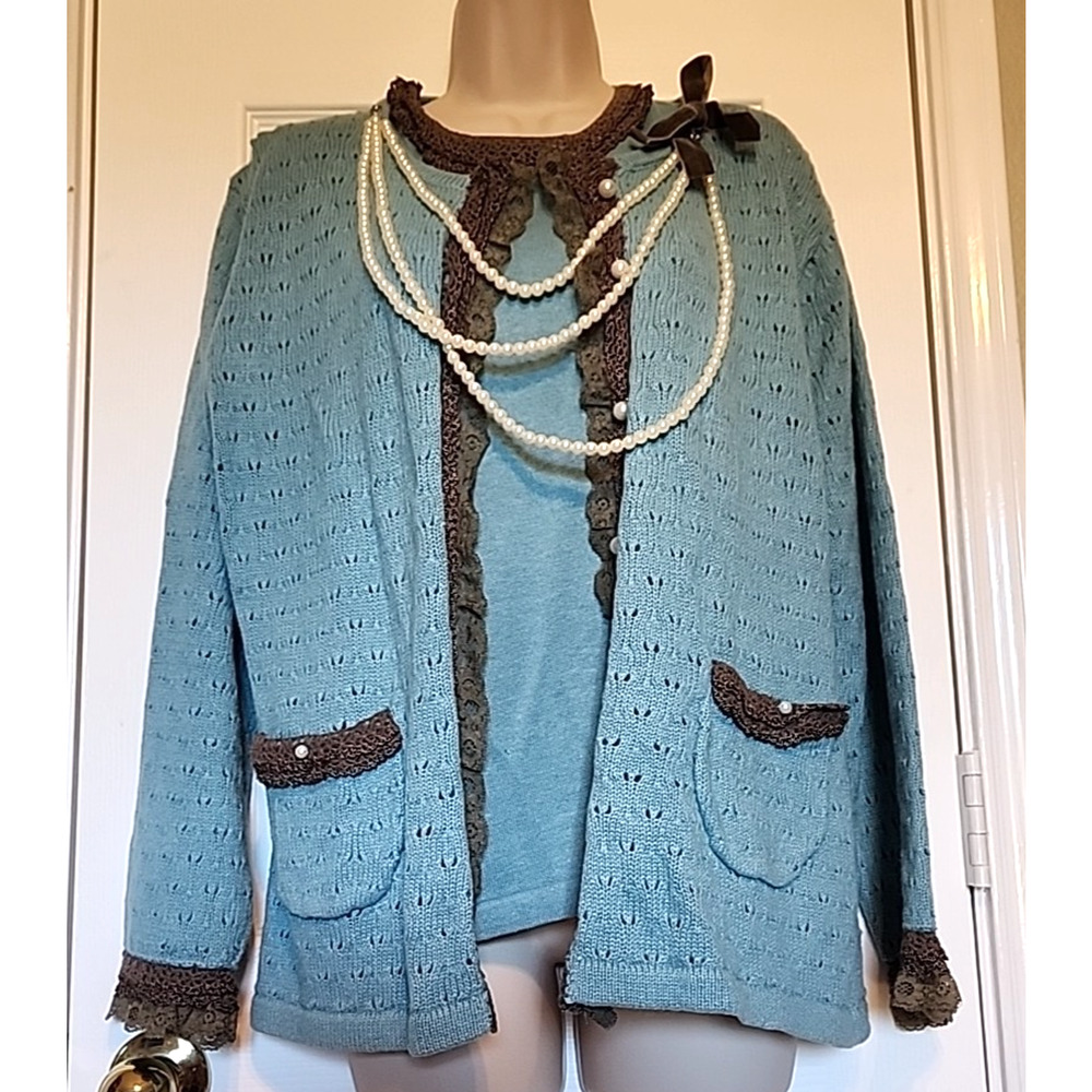 Storybook Knits M‎ Blue Cardigan and Tank 2 Piece Sweater Faux Pearls Lace
